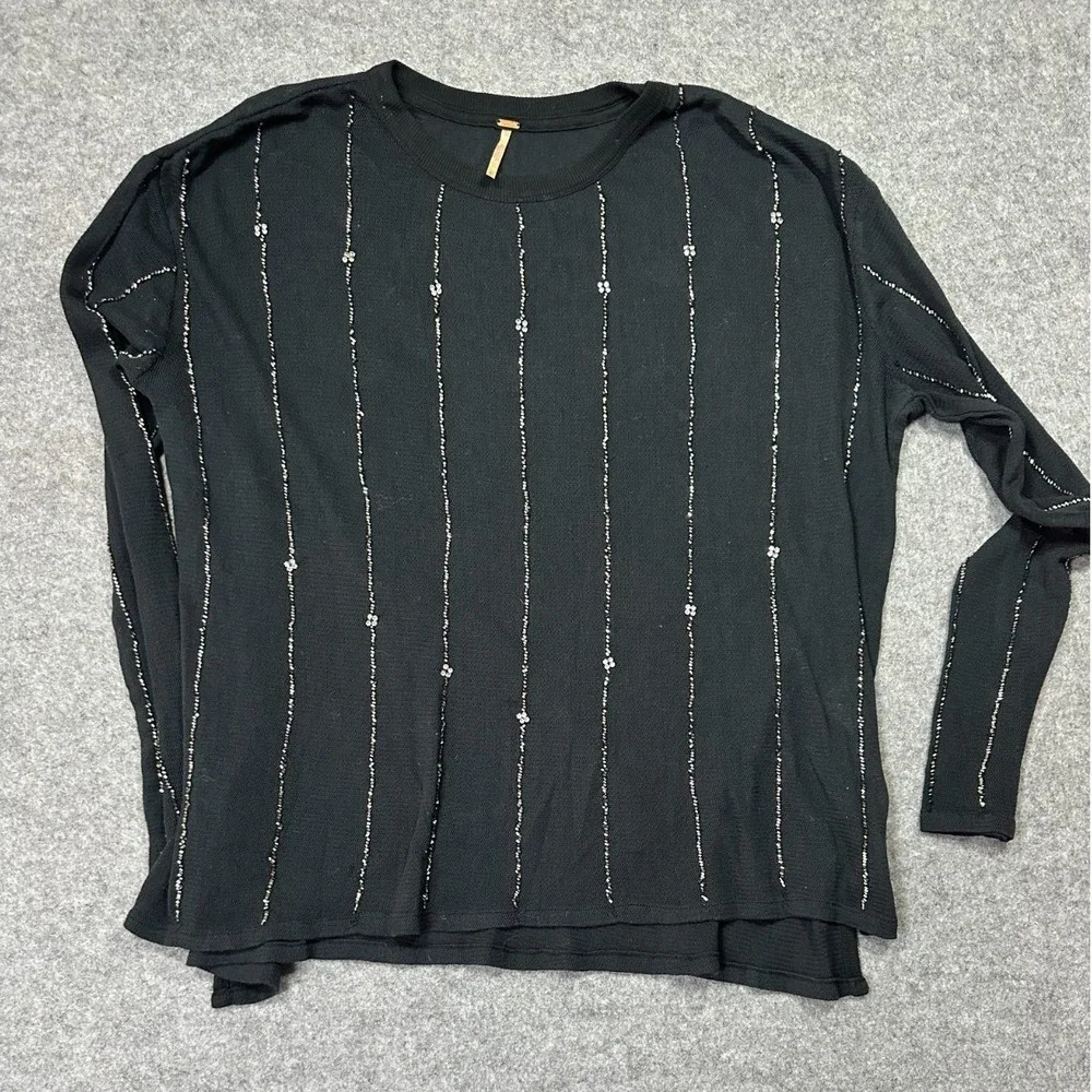 Free People Diamond Night Top Womens M Black Embellished Relaxed Fit Side Slit
